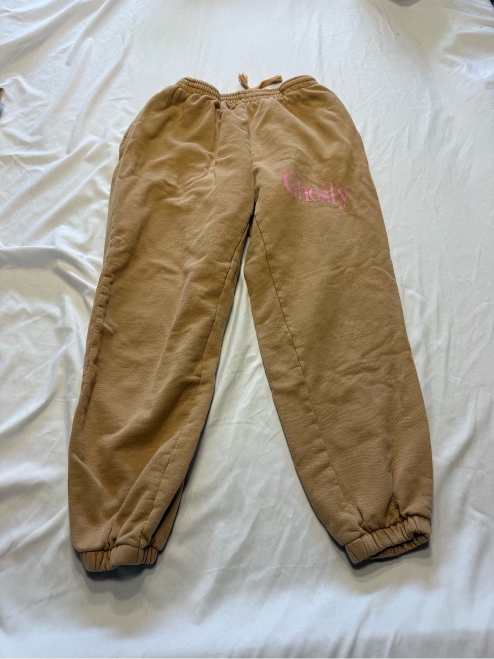 LONELY GHOST Tan Jogger Pants with Pink Logo